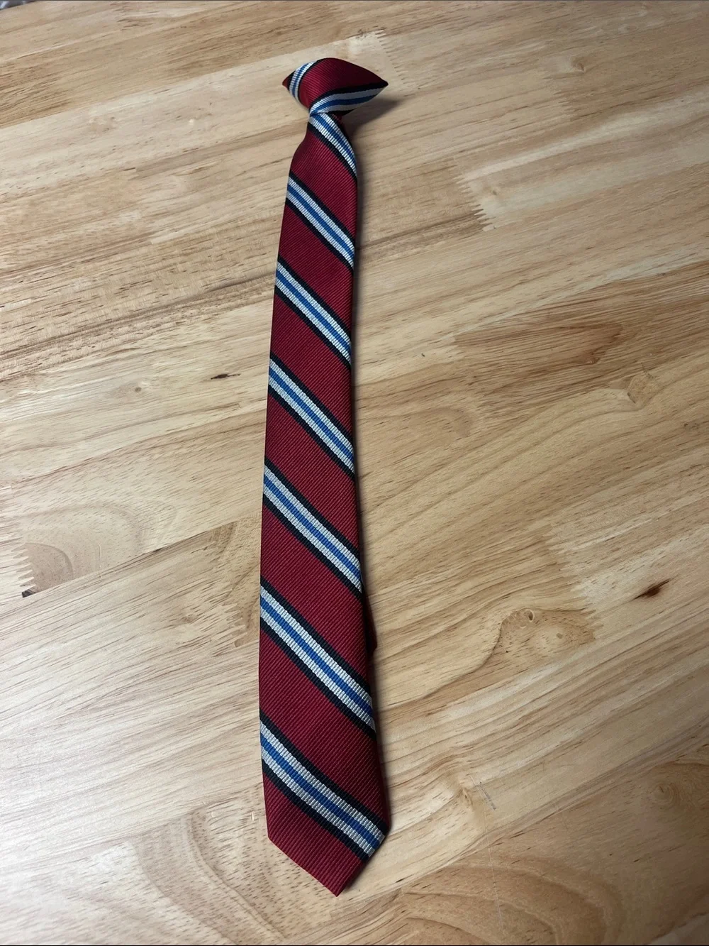 Boys Striped Clip-On Tie Burgundy Blue White