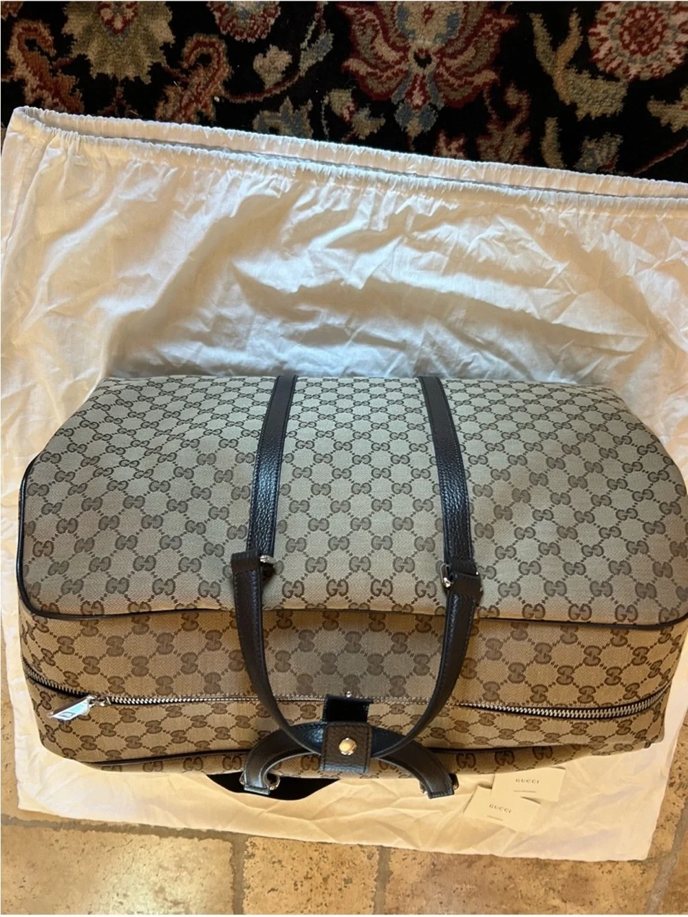 Gucci Brown GG Supreme Canvas Weekender Travel Bag with Dark Brown Trim