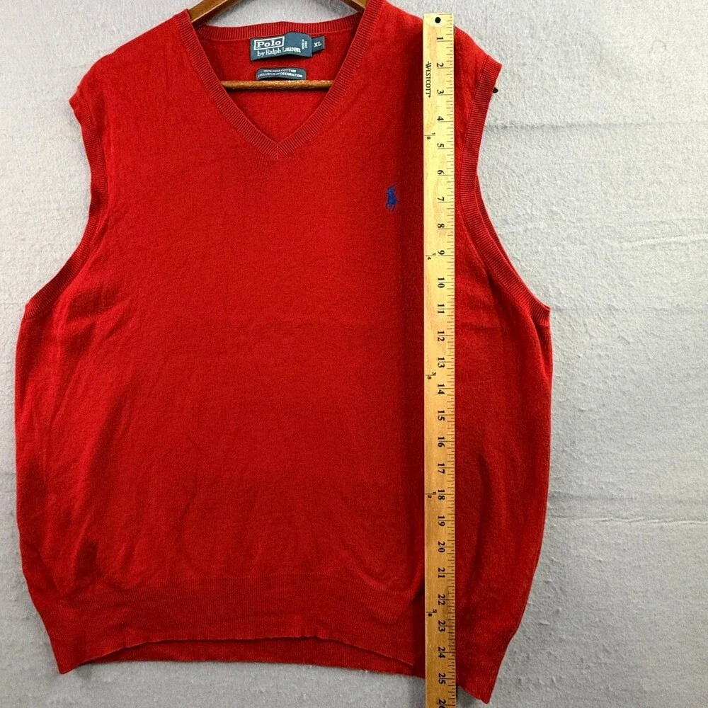 Polo Ralph Lauren Mens XL Red 100% Pima Cotton V-Neck Sweater Vest Blue Pony