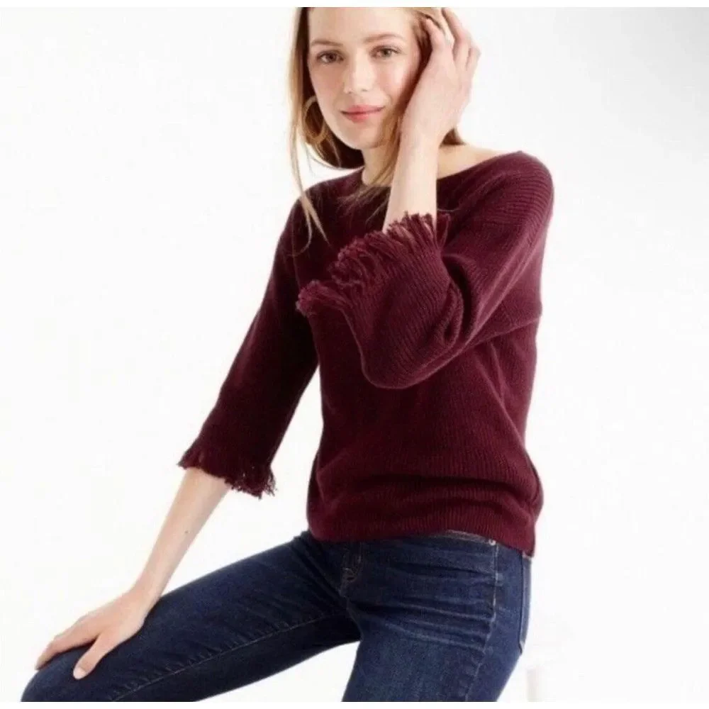 J. Crew Burgundy Round Neck Frayed Cuff Knit Sweater Women's Size S Baggy Grunge