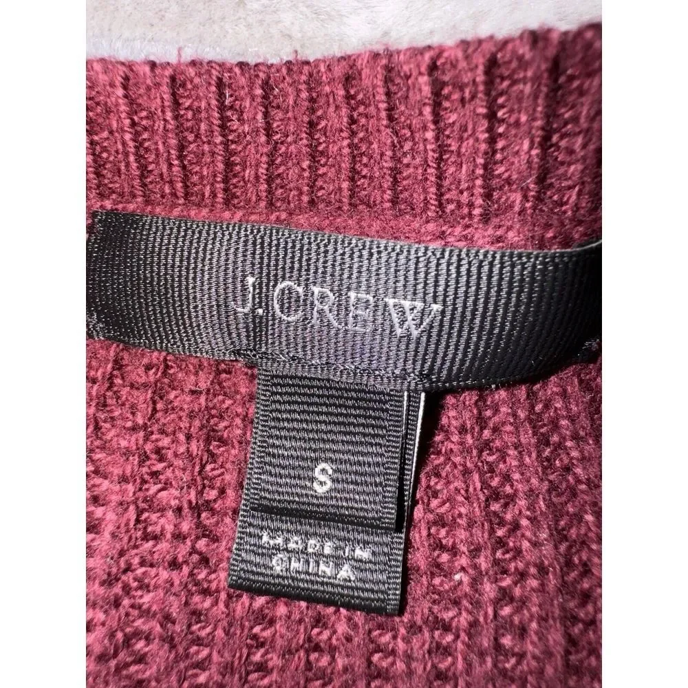 J. Crew Burgundy Round Neck Frayed Cuff Knit Sweater Women's Size S Baggy Grunge