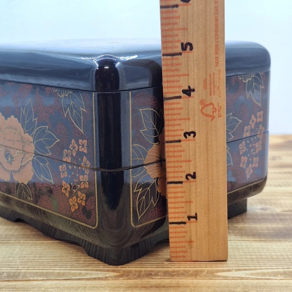 Floral Black Lacquered Jewelry Box 2 Tier With Lid Made in Taiwan VTG‎ Interpur