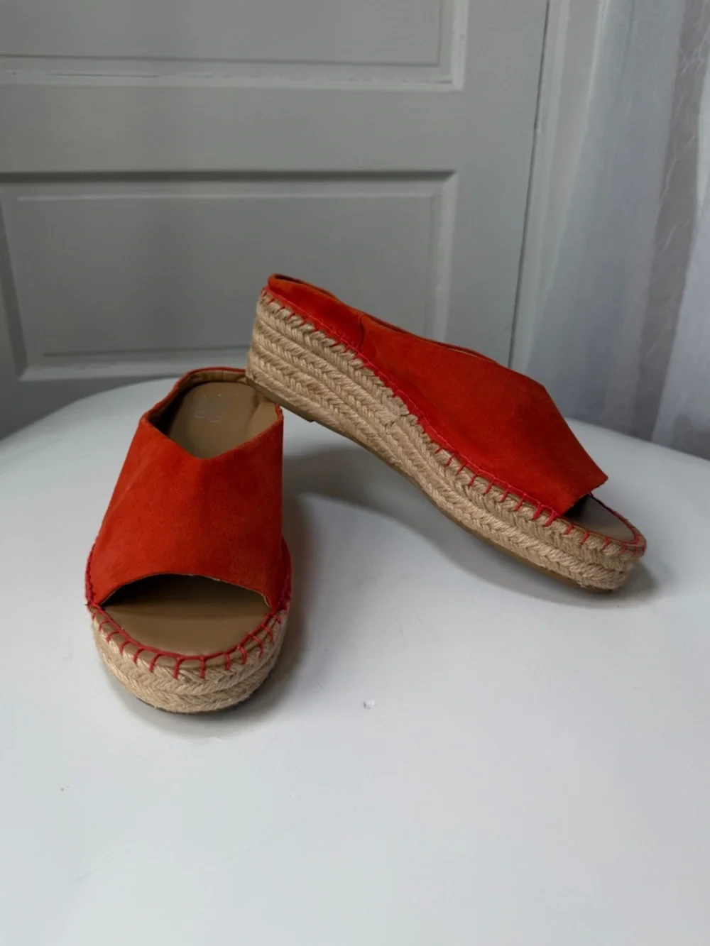 Franco Sarto L-Pine Orange Suede Open-Toe Espadrille Wedge Slip On Sandals Beach