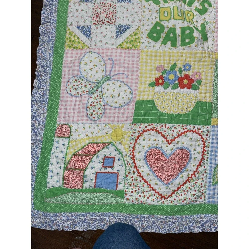 Vintage Baby Blanket Quilt‎ Thats Our Baby Handmade 37 x 47 Inches Ruffle Trim