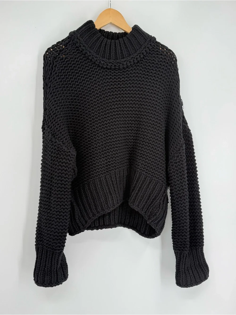 Free People Womens Sweater My Only Sunshine Size L Black Chunky Knit Mock Neck