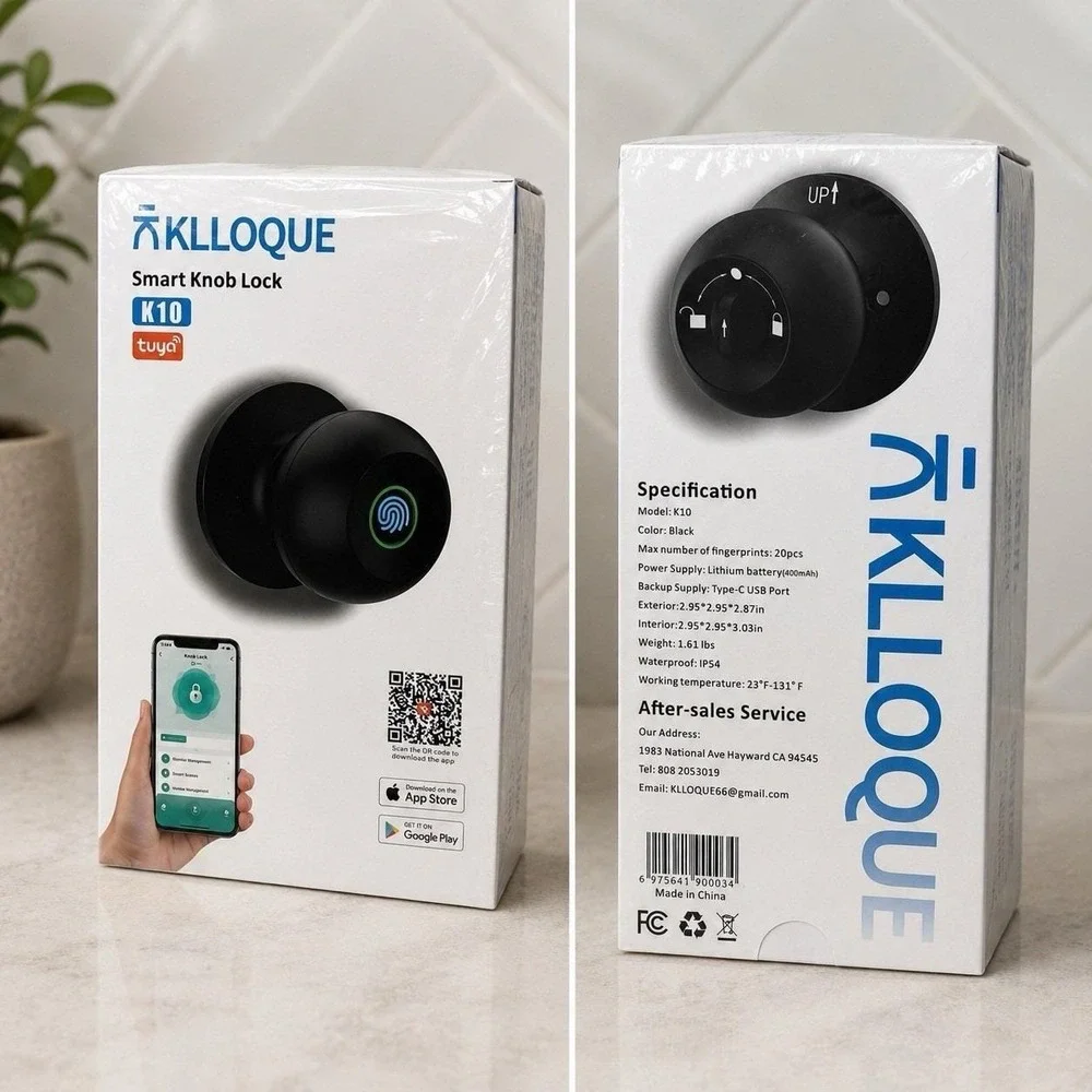 KLLOQUE K10 Smart Fingerprint Door Knob Lock Tuya App Keyless Black New