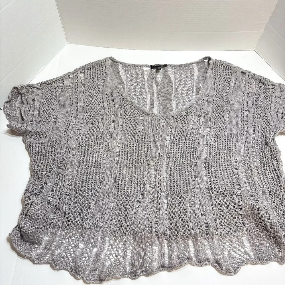Eileen Fisher Taupe ITALIAN Linen V Neck Open Knit Top XL Slouchy Oversized