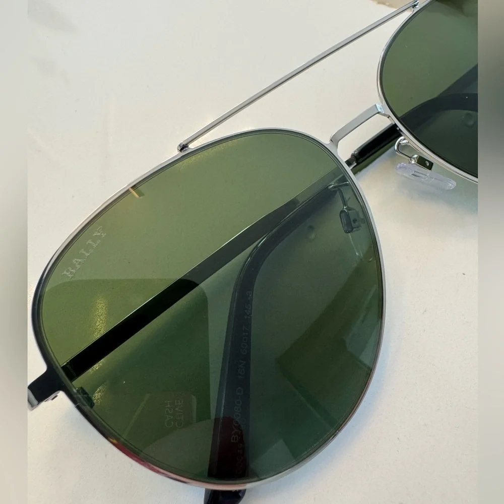 BALLY Italy Silver Aviator Sunglasses - Dark Green Lens