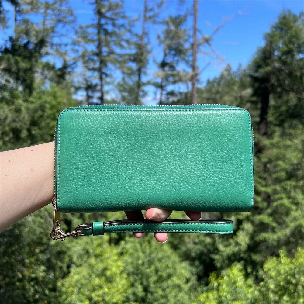 COACH Long Zip-Around Green Pebble Leather Wallet with Gold Hardware AUTHENTIC