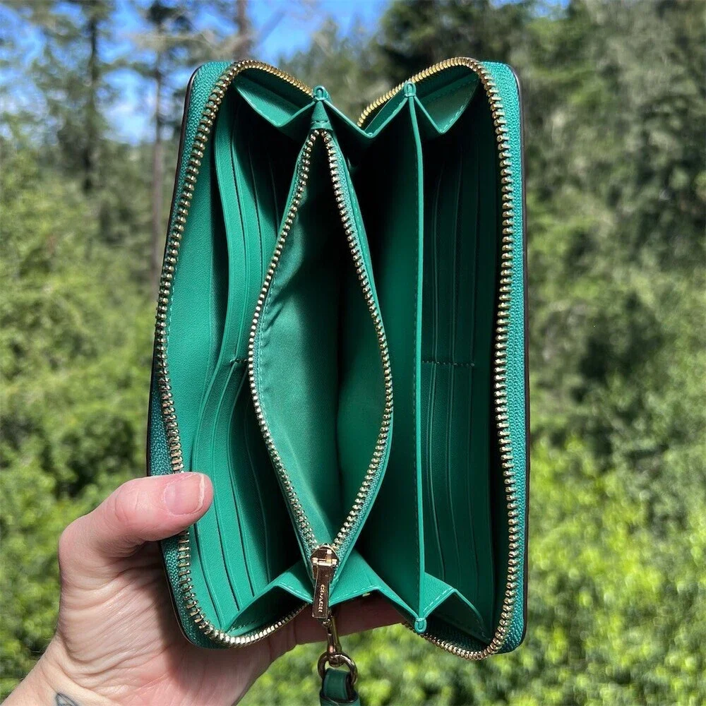 COACH Long Zip-Around Green Pebble Leather Wallet with Gold Hardware AUTHENTIC