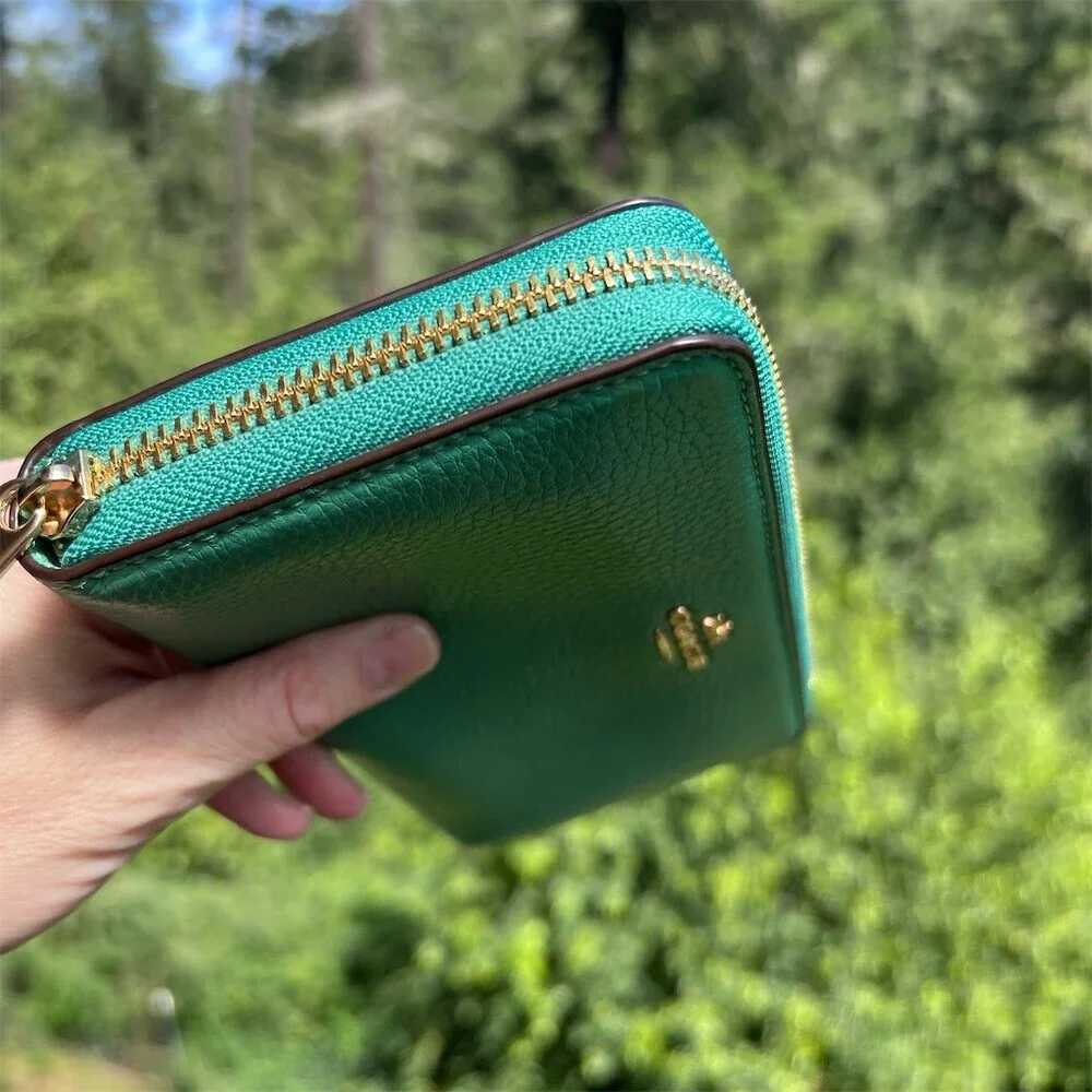 COACH Long Zip-Around Green Pebble Leather Wallet with Gold Hardware AUTHENTIC