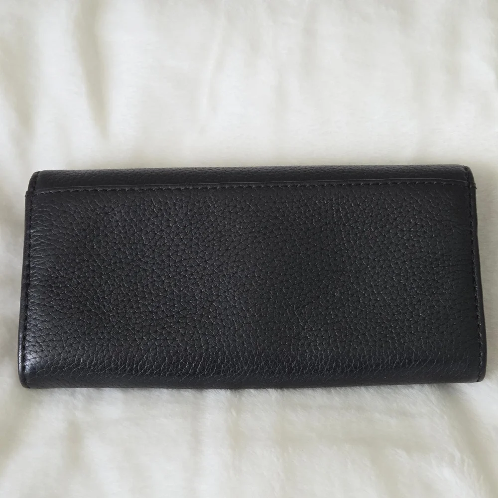 Michael Kors Fulton Flap Continental Wallet Black Pebbled Leather Gold MK Logo