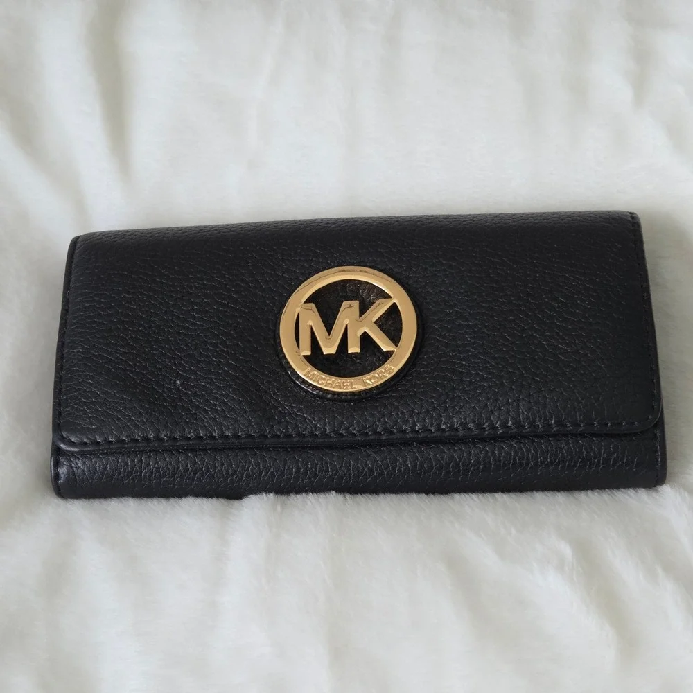 Michael Kors Fulton Flap Continental Wallet Black Pebbled Leather Gold MK Logo