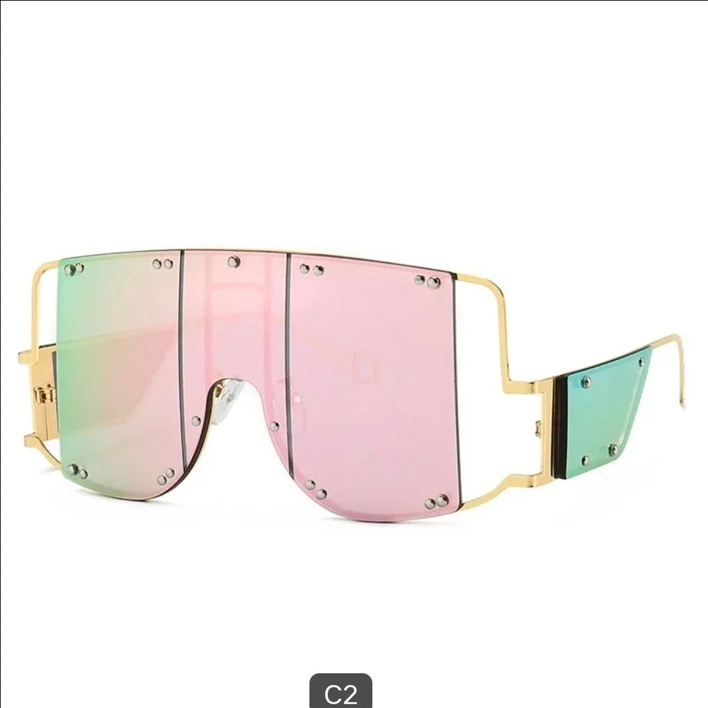 Shield Sunglasses Womens OS Pink Green New Oversized Rimless Flat Top Gold Frame