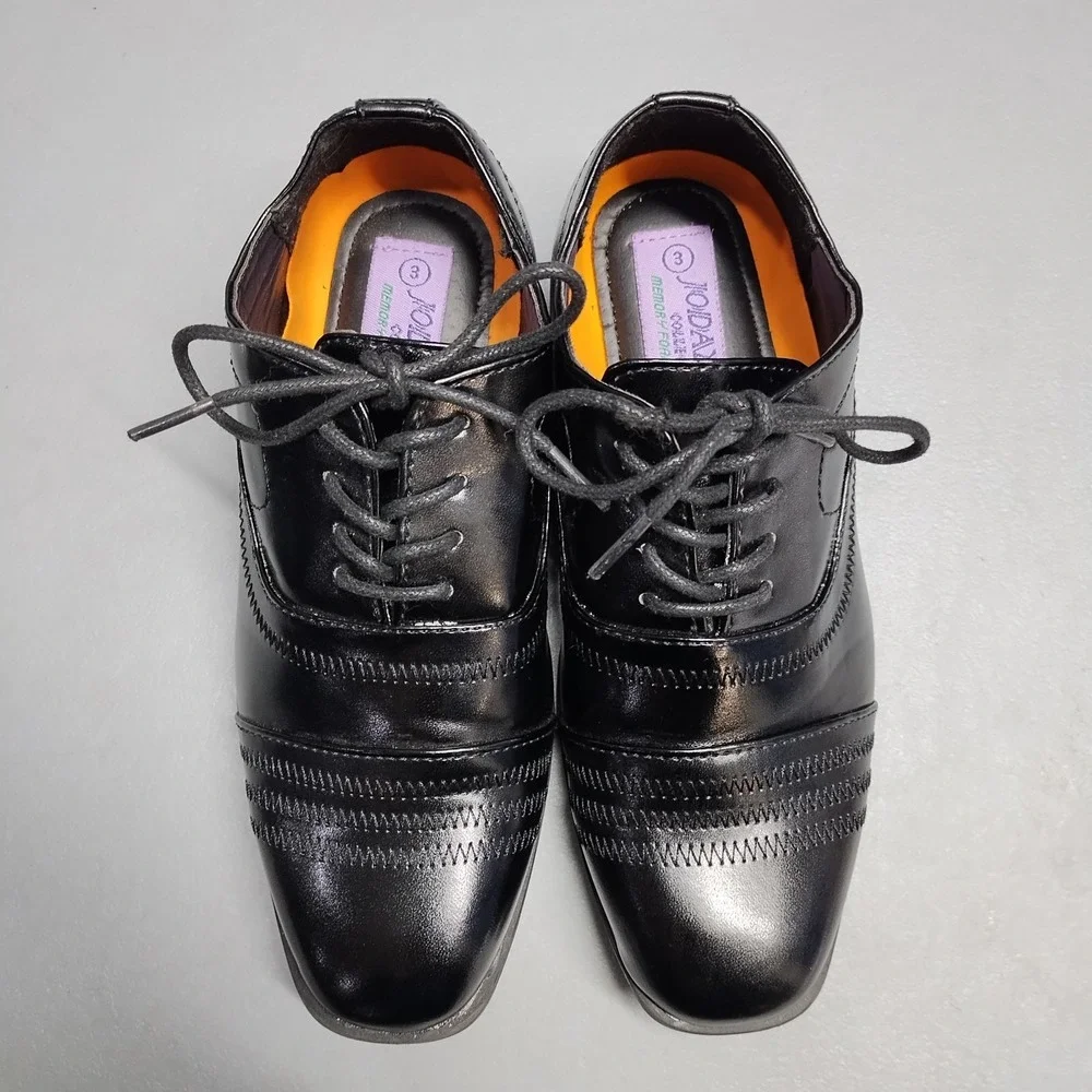 Jodano Oxford Shoes Boys US 3 Black Leather Memory Foam Formal Round Toe Lace Up