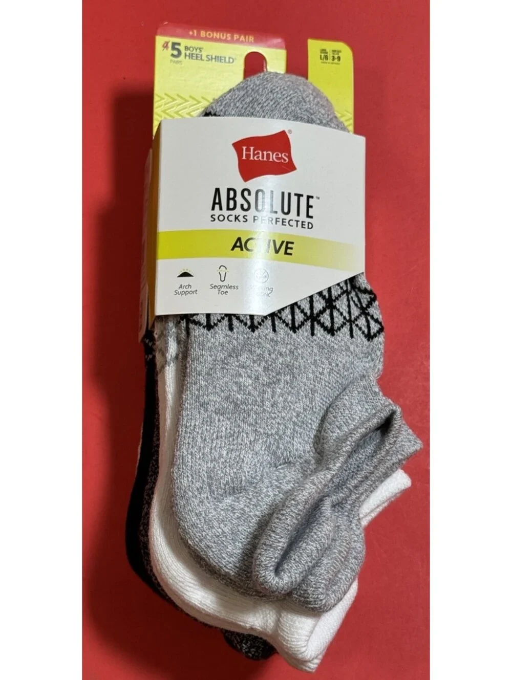 Hanes 5 Pack Boys Absolute Active No Show Socks Heel Shield Large 3-9