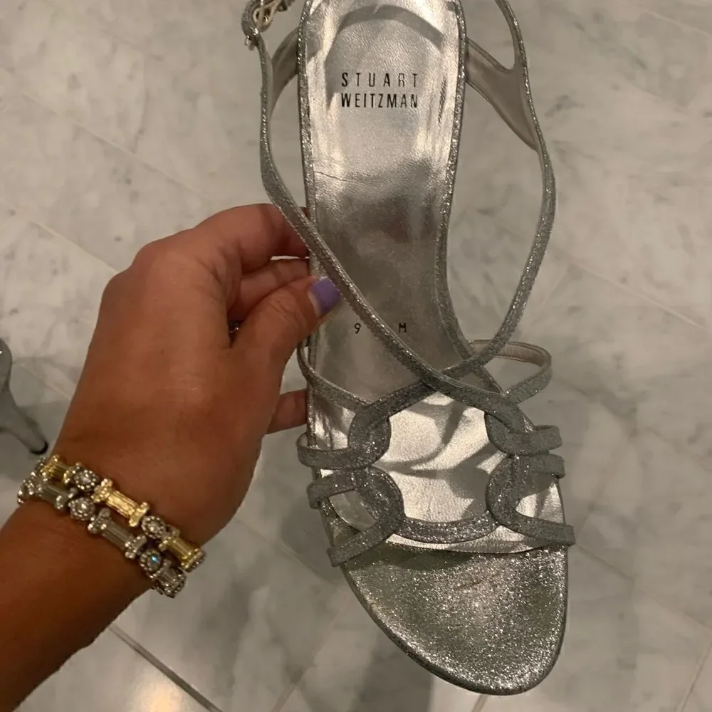 STUART WEITZMAN🤍Silver glitter platform slingback