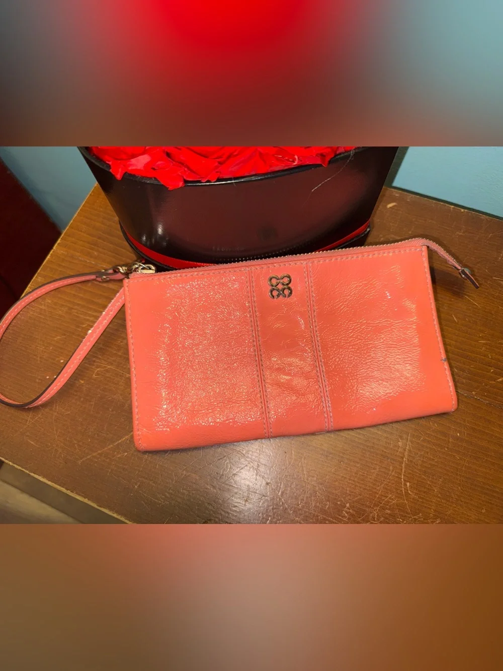 Coach Coral Patent Leather Wristlet Wallet Zip Around Clutch Organizer EUC