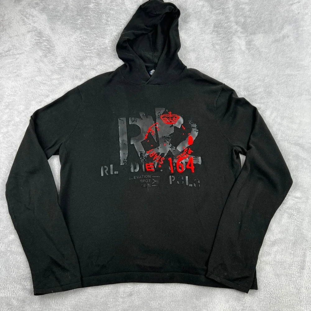 Vintage Polo Ralph Lauren RL2 Graphic Hoodie L Black Streetwear Pullover Mens
