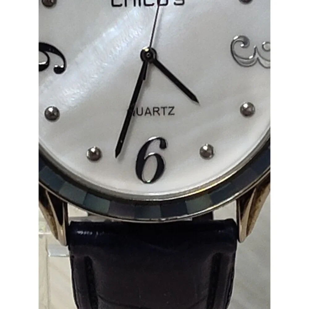 Chico's Womens Watch 39mm Silver Tone Navy Blue Leather  Band New Battery 2/2026