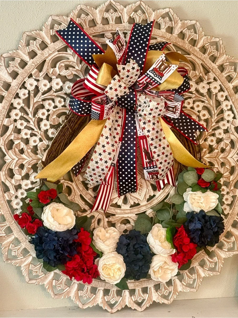 Patriotic Red, White & Blue Holiday Wreath with Gold Accents