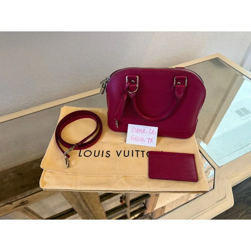 LOUIS VUITTON Alma BB Dark Pink Fushia Handbag Purse + Card Case + Strap