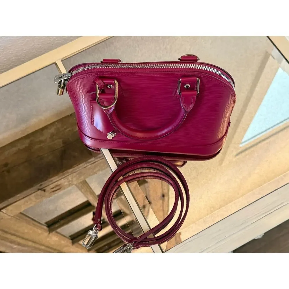 LOUIS VUITTON Alma BB Dark Pink Fushia Handbag Purse + Card Case + Strap