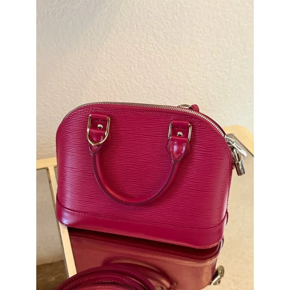LOUIS VUITTON Alma BB Dark Pink Fushia Handbag Purse + Card Case + Strap