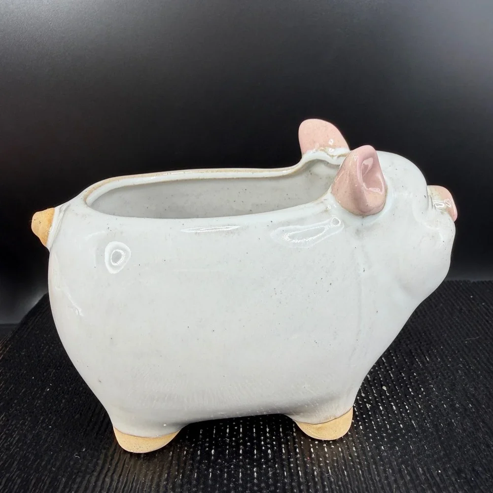 Smiling Ceramic Pig Planter White Pink Indoor Succulent Pot‎ Drainage Hole 6x4