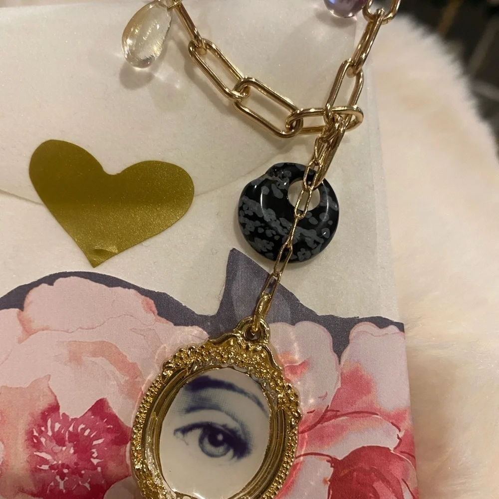 Fornasetti Golden paper clip chain Evil Eye Pendant Necklace 18in