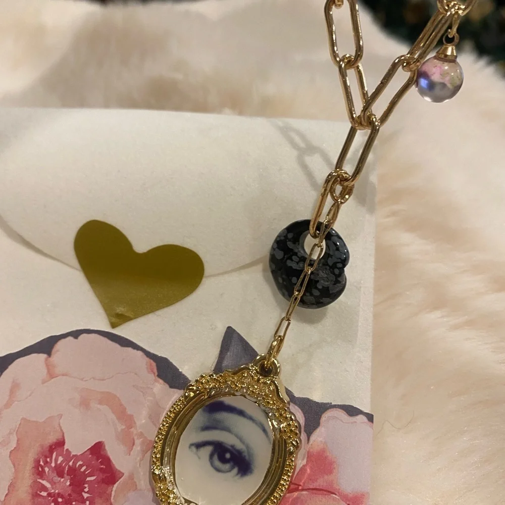 Fornasetti Golden paper clip chain Evil Eye Pendant Necklace 18in