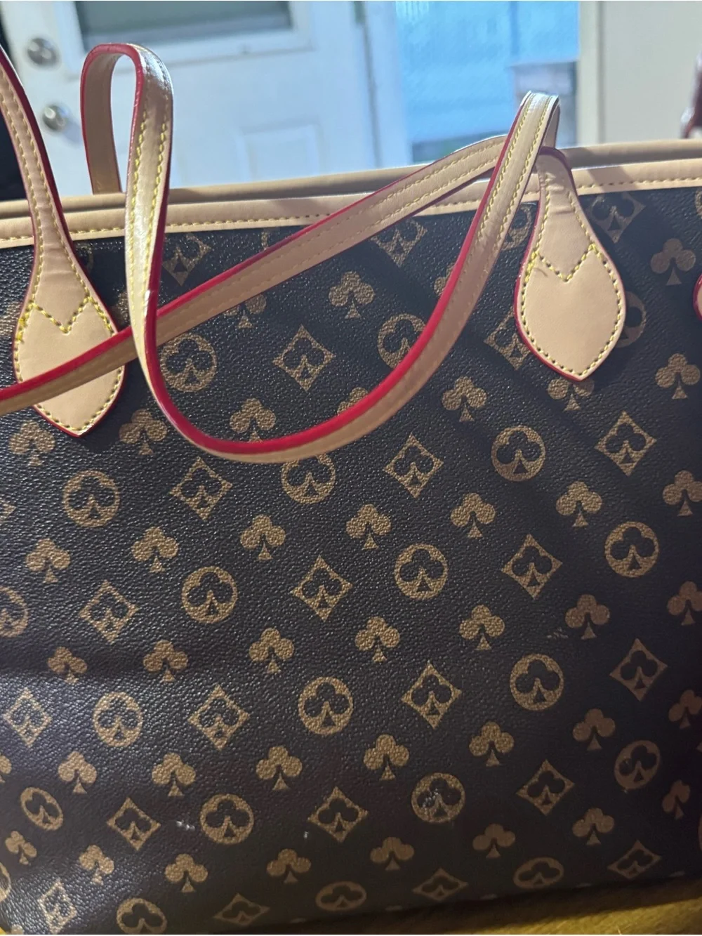 Louis Vuitton Brown Monogram Canvas Tote with Red-Trim Handles