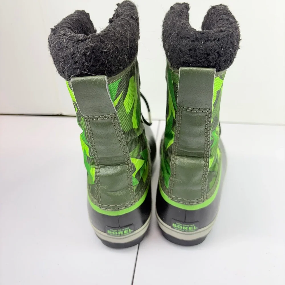 Sorel Pac Nylon Snow Boots Kids 3 Green Geometric Camo Waterproof Winter