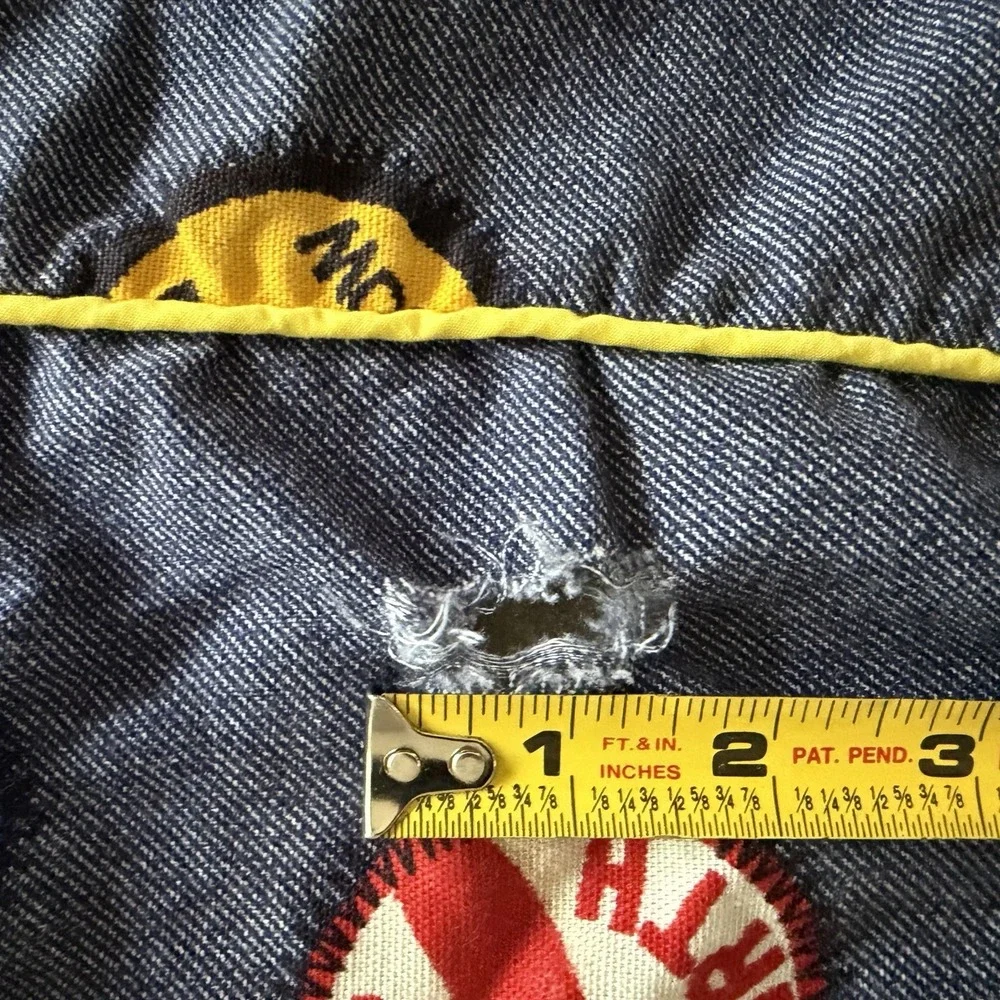 Vtg 1960's Patch Logo Denim Look Twin Bedspread STP Roadrunner Red Baron‎ Smiley