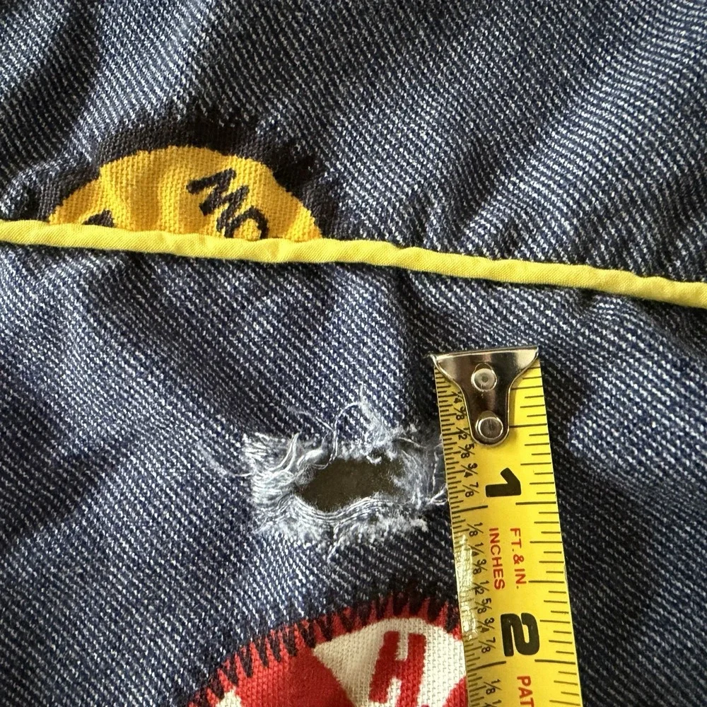 Vtg 1960's Patch Logo Denim Look Twin Bedspread STP Roadrunner Red Baron‎ Smiley