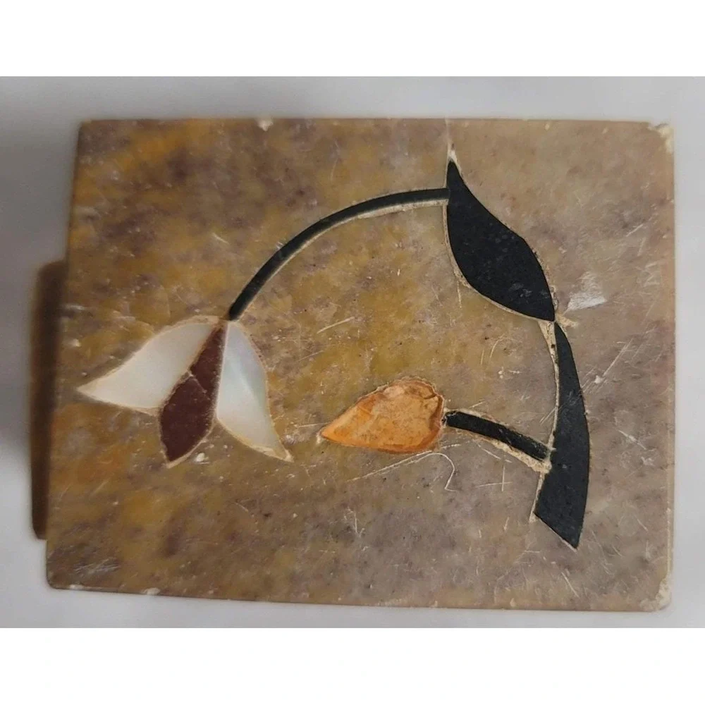 Small Brown Soap Stone Trinket Box Floral Inlay‎ Rectangle Lidded Made In India