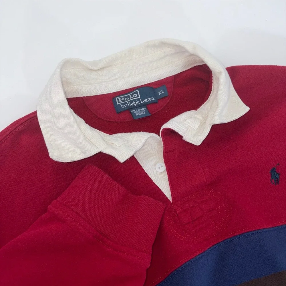 Polo Ralph Lauren Mens XL Red Striped Long Sleeve Rugby Shirt Fleece Pony Logo