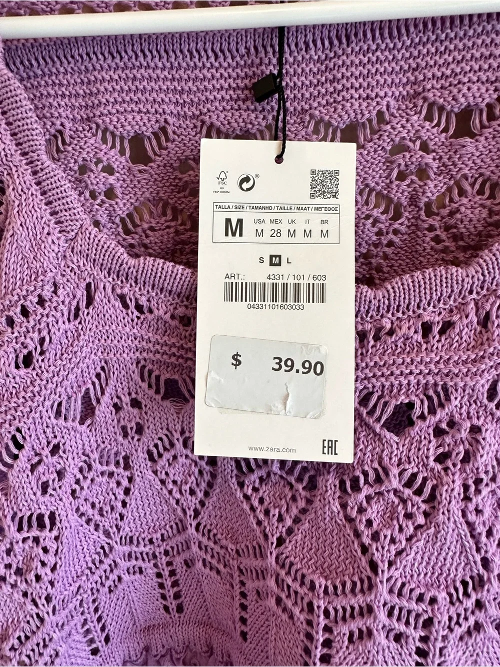 NWT Women’s M Zara Pointelle Knit Crochet Crop Sweater Purple Puff Sleeves