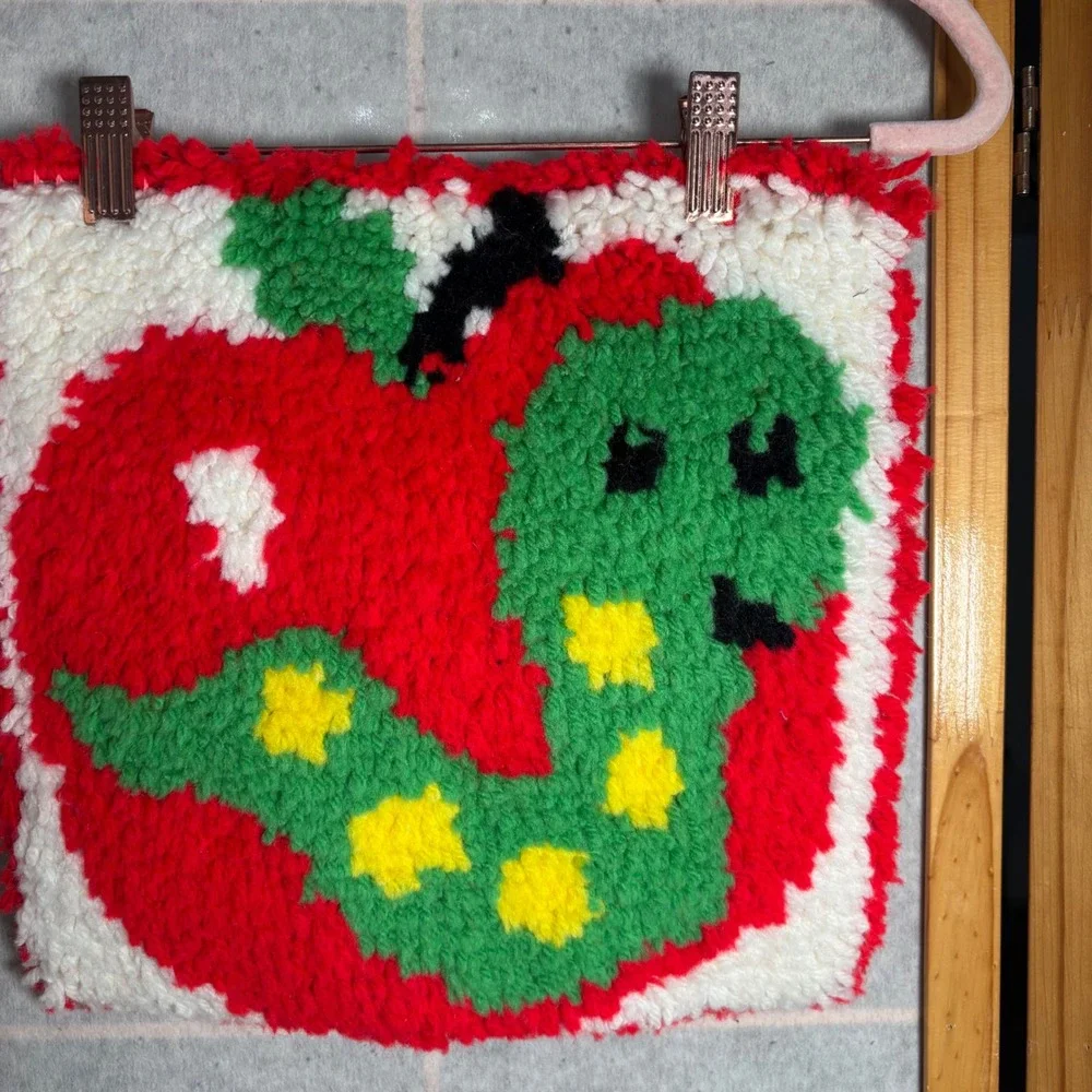 Vintage Latch Hook Wall Hanging‎ Apple Worm Green Red Yellow Kids Decor Pillow