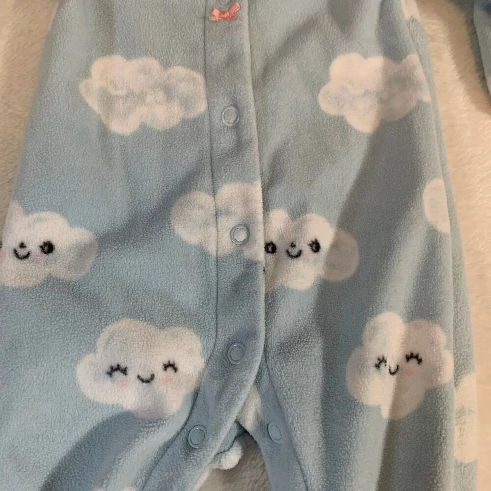 5/$25 Carter's‎ Newborn Baby Fleece Footed Sleeper Blue Smiling Clouds Pink Trim