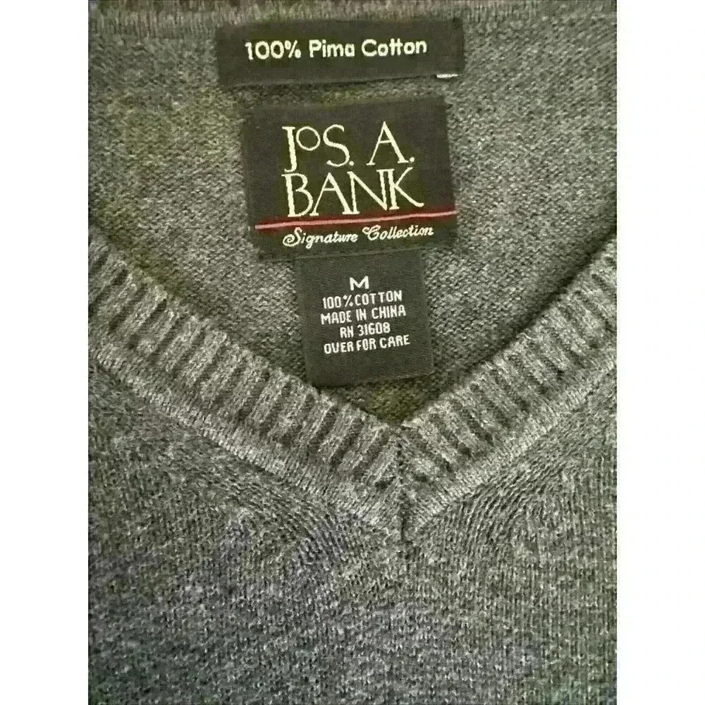 JoS A. Bank | Men’s Medium V-Neck Grey Gray Sweater 100% Pima Cotton Lightweight