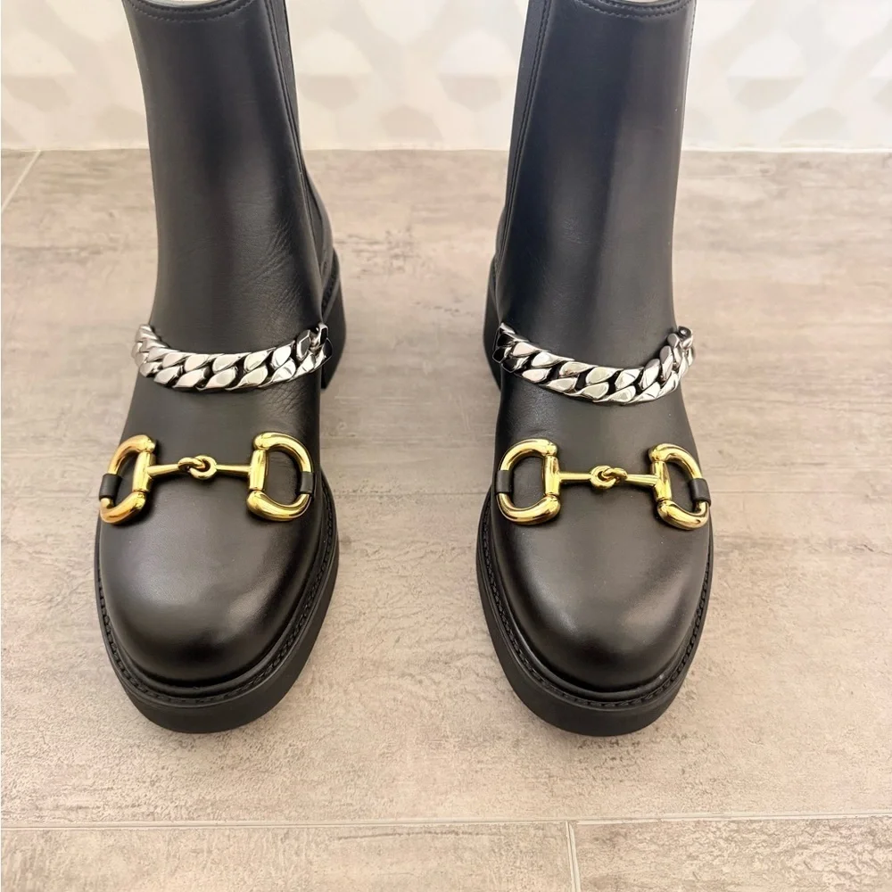 Gucci Black Leather Horsebit Chain Chelsea Boots Women's Size 7