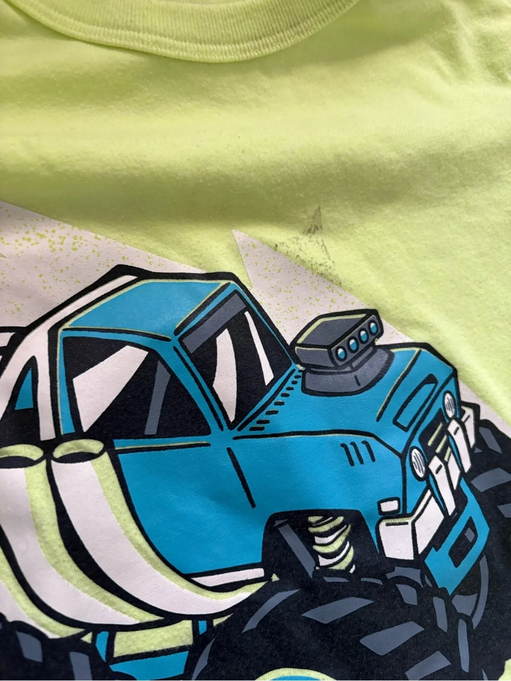 Kids Short Sleeve Graphic Tee - Neon Yellow Green with Blue Turtle and Truck