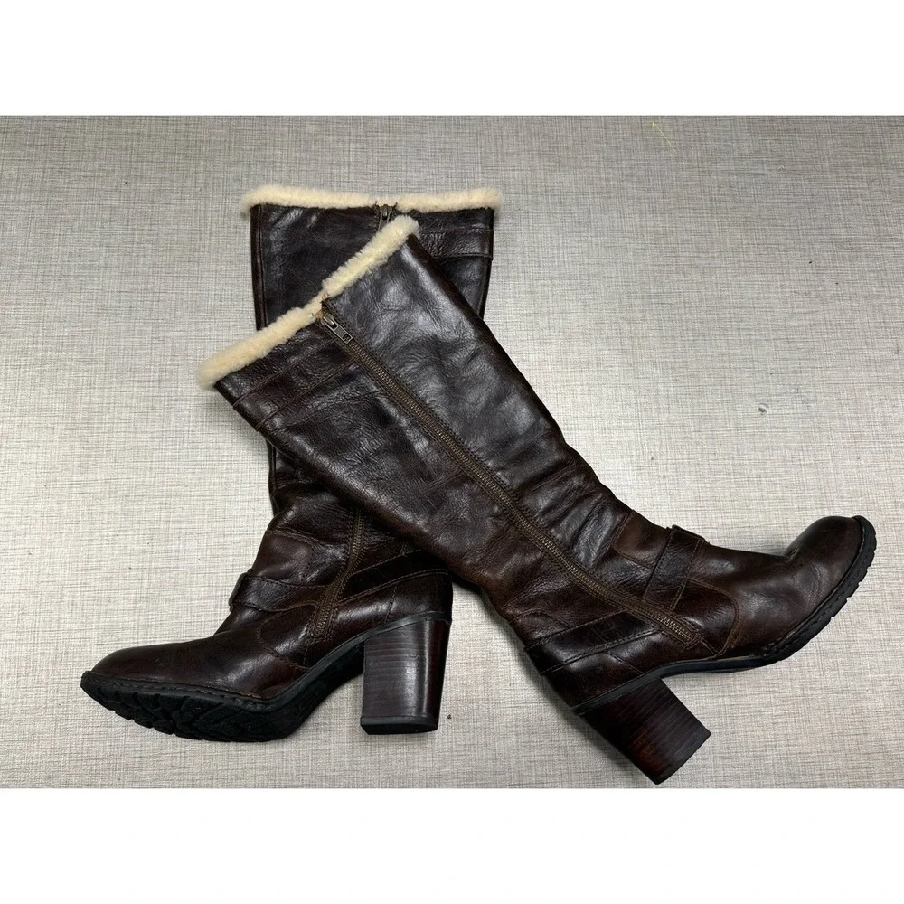 BORN Shearling Lined Warm Knee High Tall Winter Leather Boots Sz 9.5  Brown