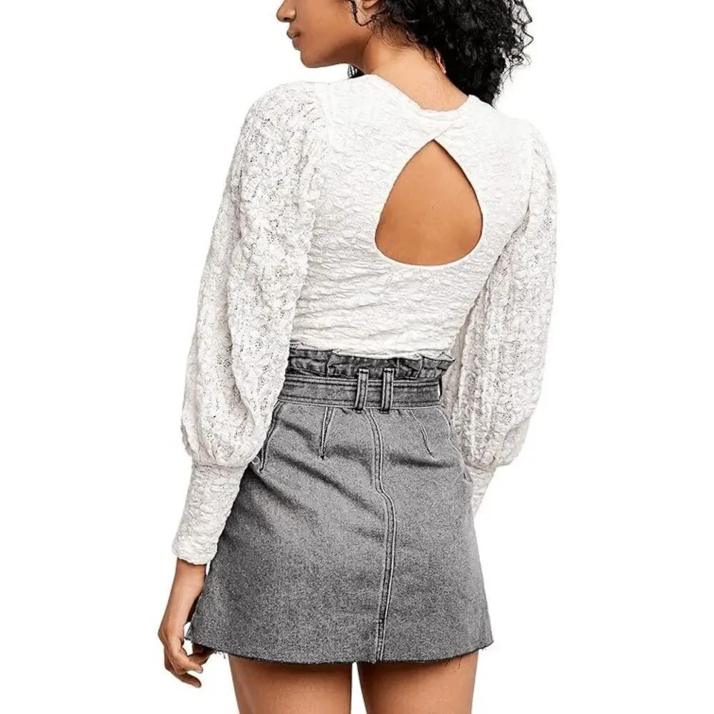 Free People Jasmine Tea Time Long Puff Lace‎ Sleeve Open Back Top Ivory Medium