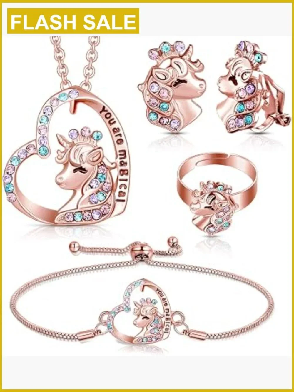4 Pcs Unicorn Axolotl Jewelry Set Necklace Bracelet Ring Clip on Earrings for