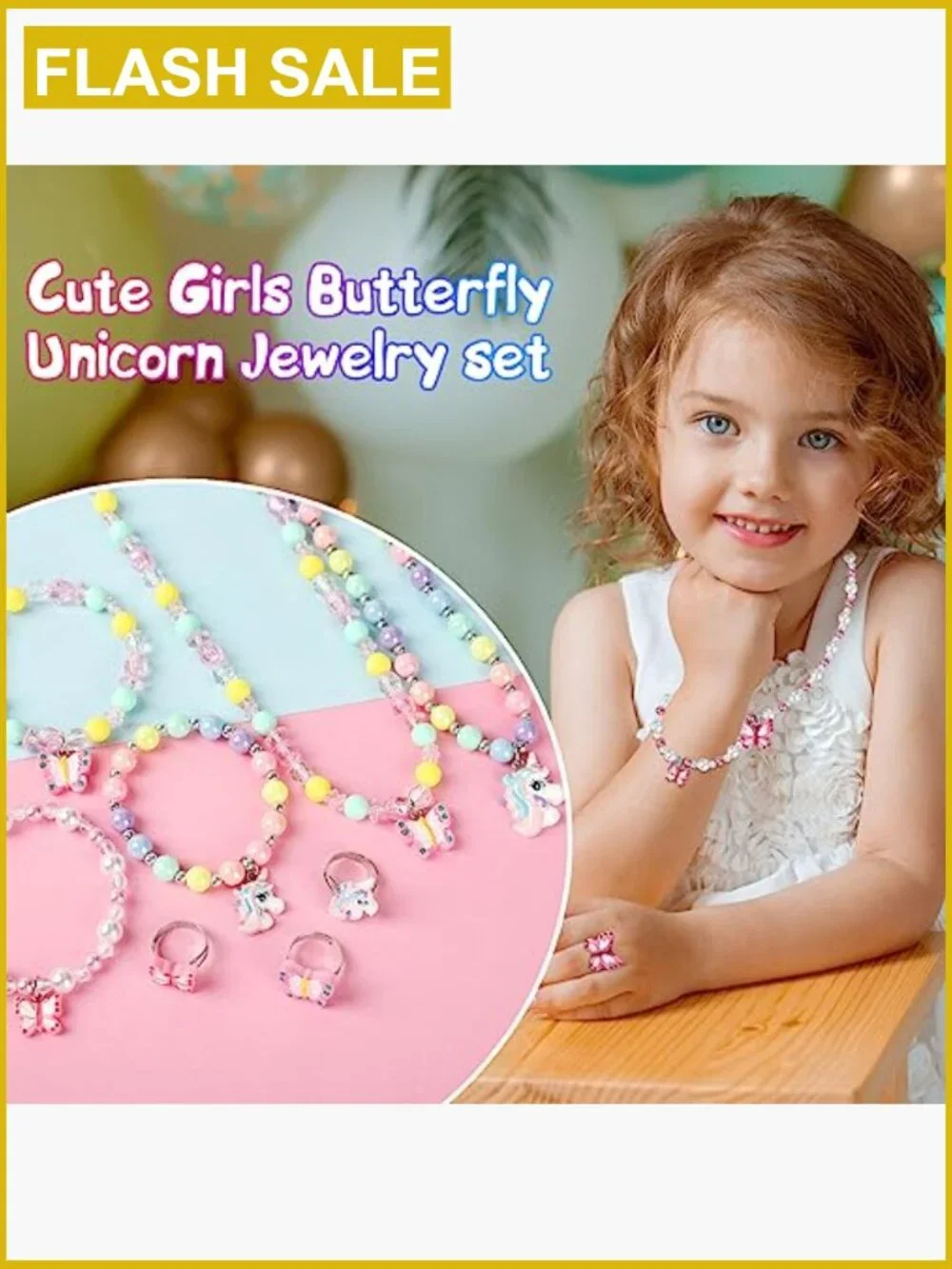 Kids Stretchy Jewelry Set - Unicorn Butterfly Necklace Bracelet Ring Gift