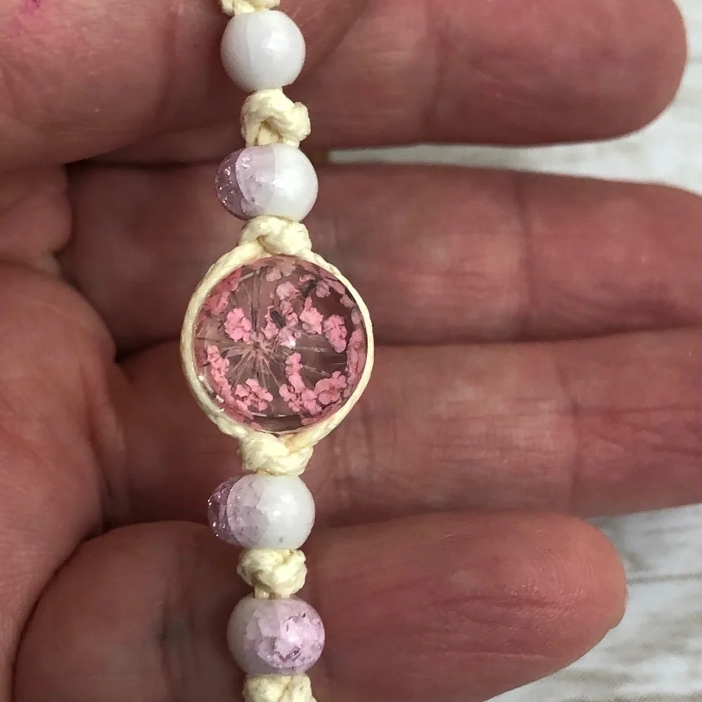 Encapsulated Dried Flower Charm Handmade Adjustable Bracelet