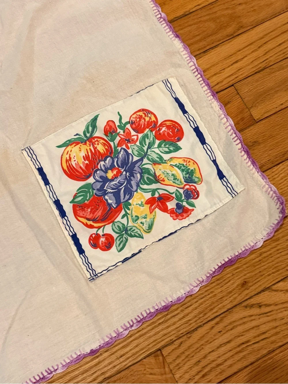Vintage cotton tablecloth fruit print patches crochet edge 34x36 grannycore