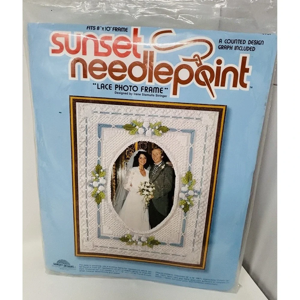 Vintage Sunset Needlepoint Wedding Lace Photo Frame Kit Fits 8x10 NOS